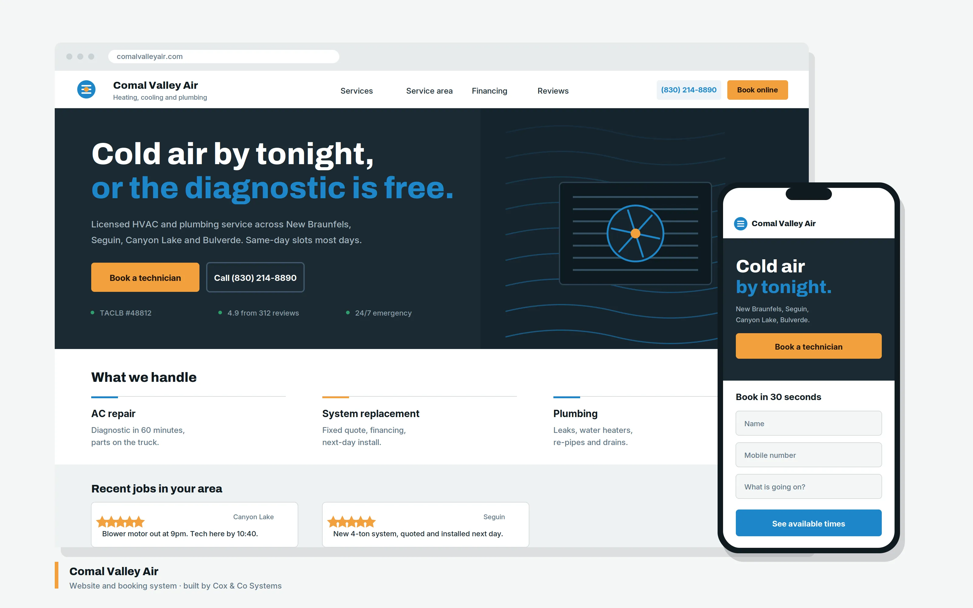 A business website built by Cox and Co Systems, showing the home page with clear contact routes.