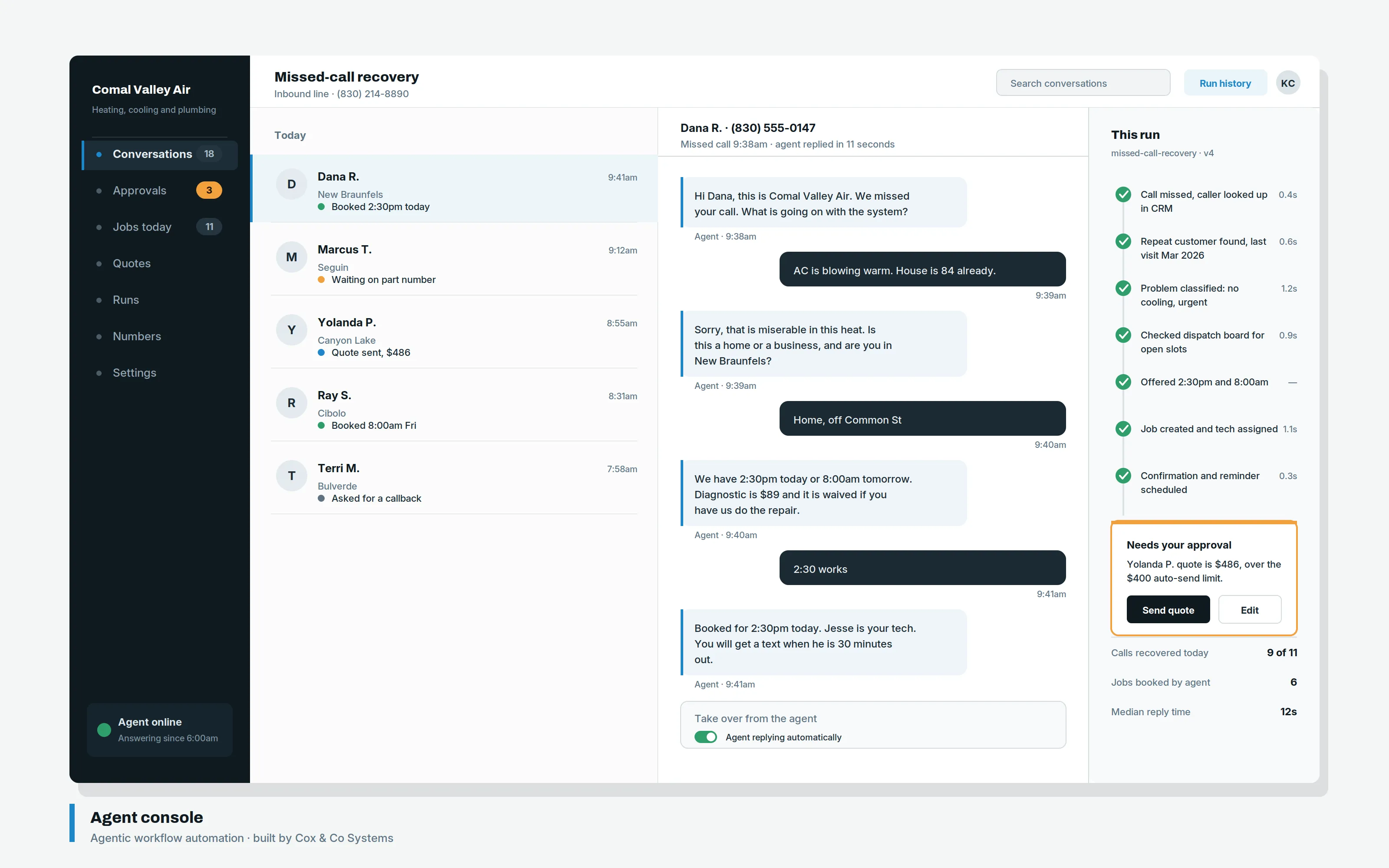 Agent console showing a missed call recovered by text, the conversation that followed, a step-by-step run log, and a quote held for human approval because it exceeded the auto-send limit.