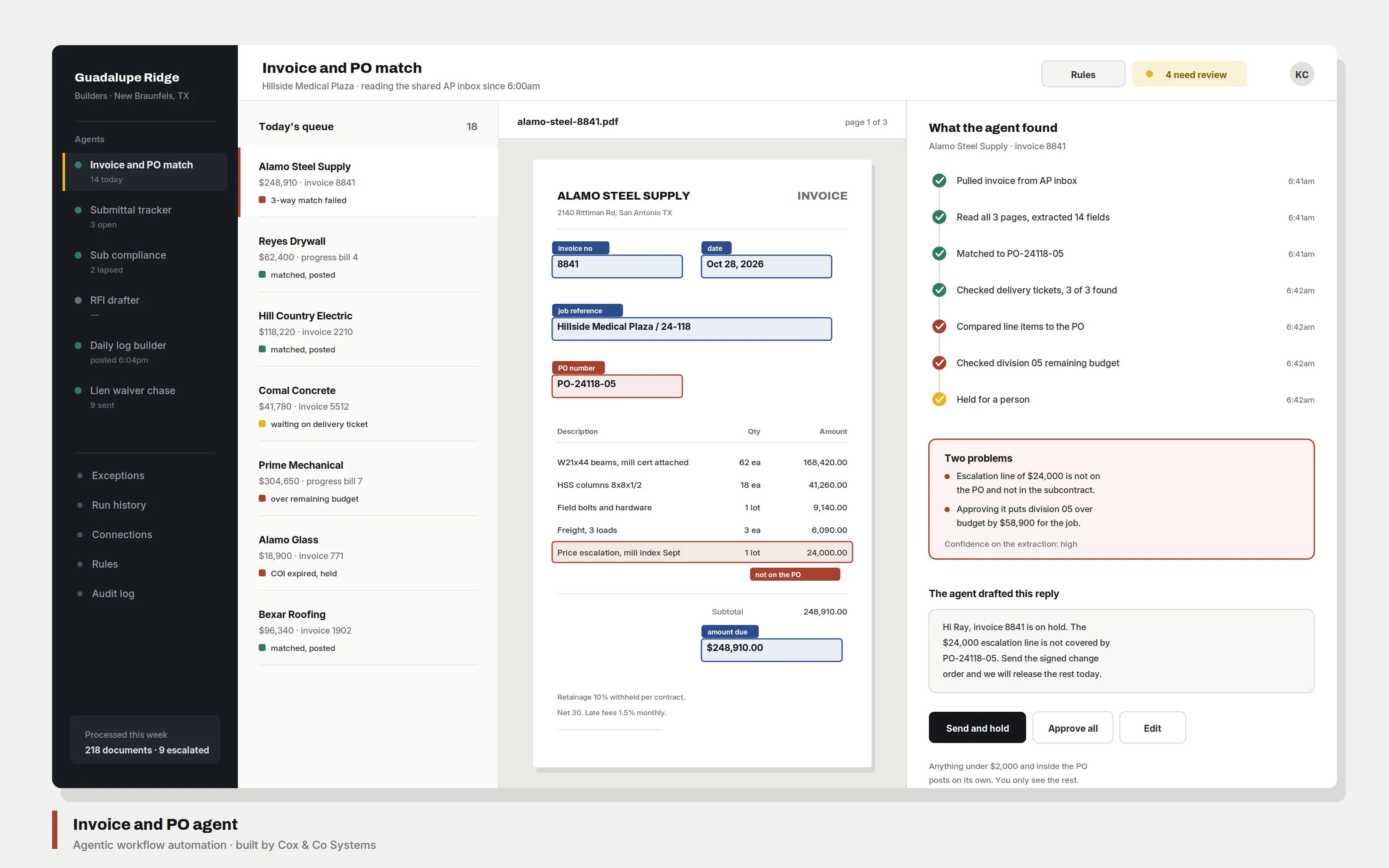 Agent console configured for a construction contractor, showing requests classified and routed.