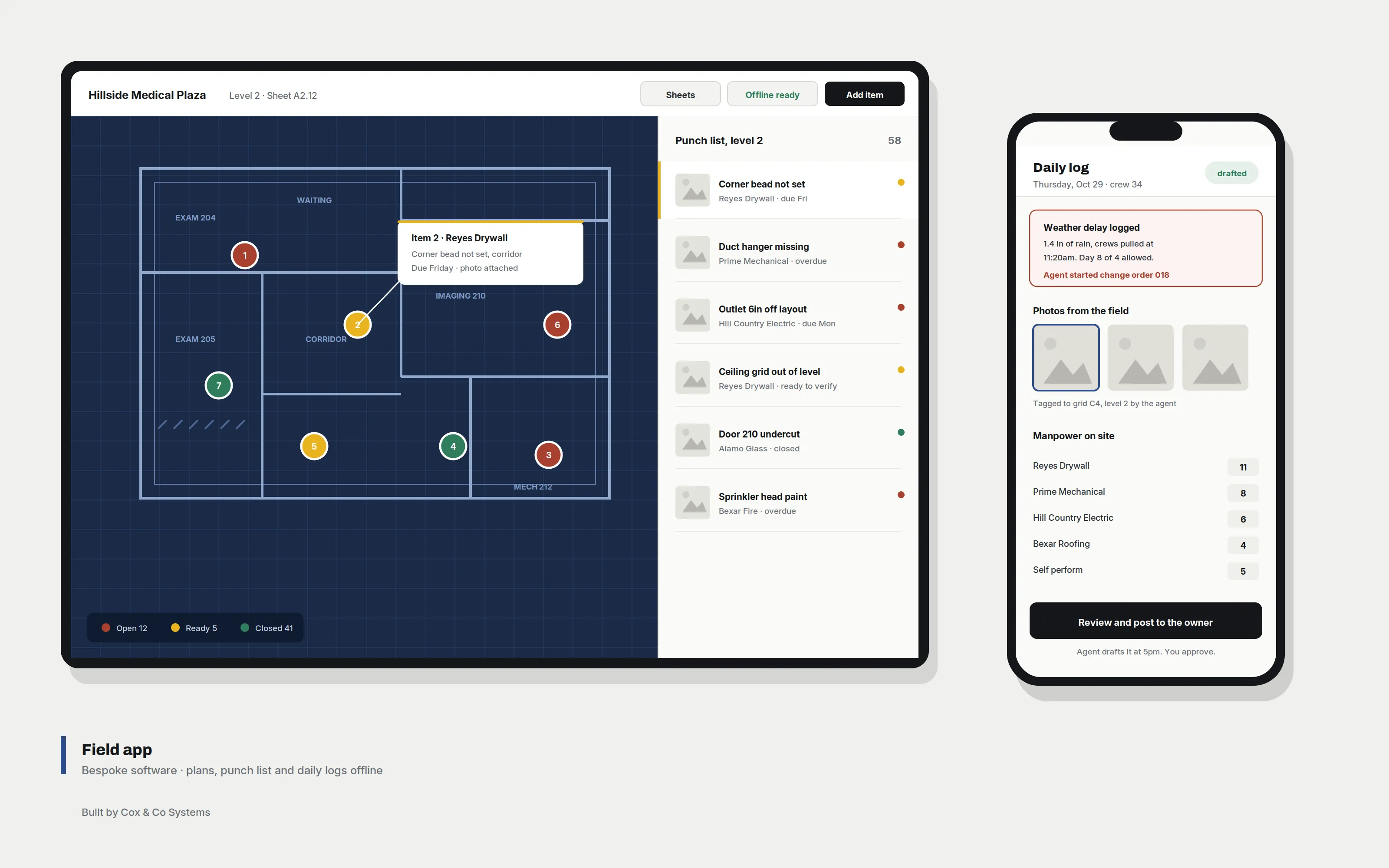 Field app on a tablet showing floor plans with a punch list, and on a phone showing a daily log drafted by the agent for approval.